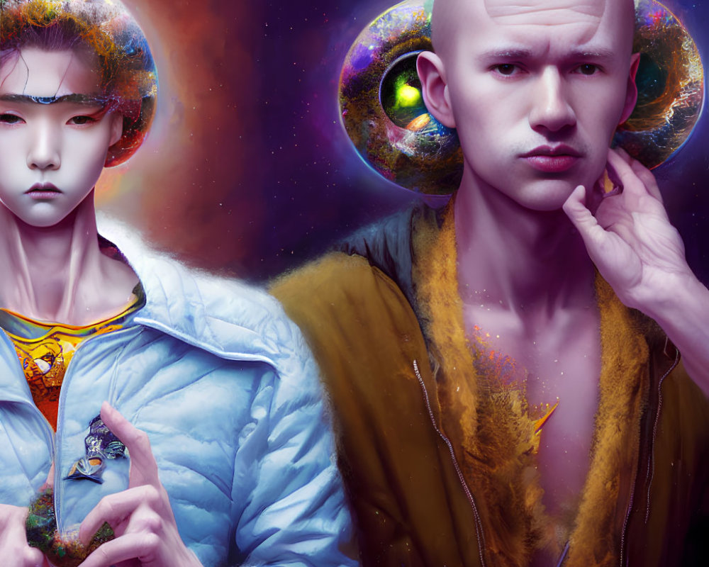 Futuristic individuals with cosmic-themed halos in artistic clothing