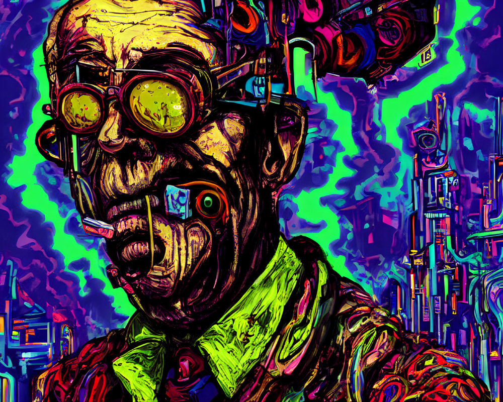 Colorful Psychedelic Artwork of Male Figure with Cybernetic Enhancements