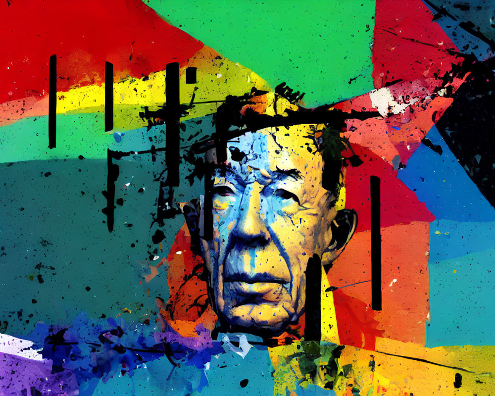 Vibrant abstract graffiti art of a man's face with splatters and geometric shapes