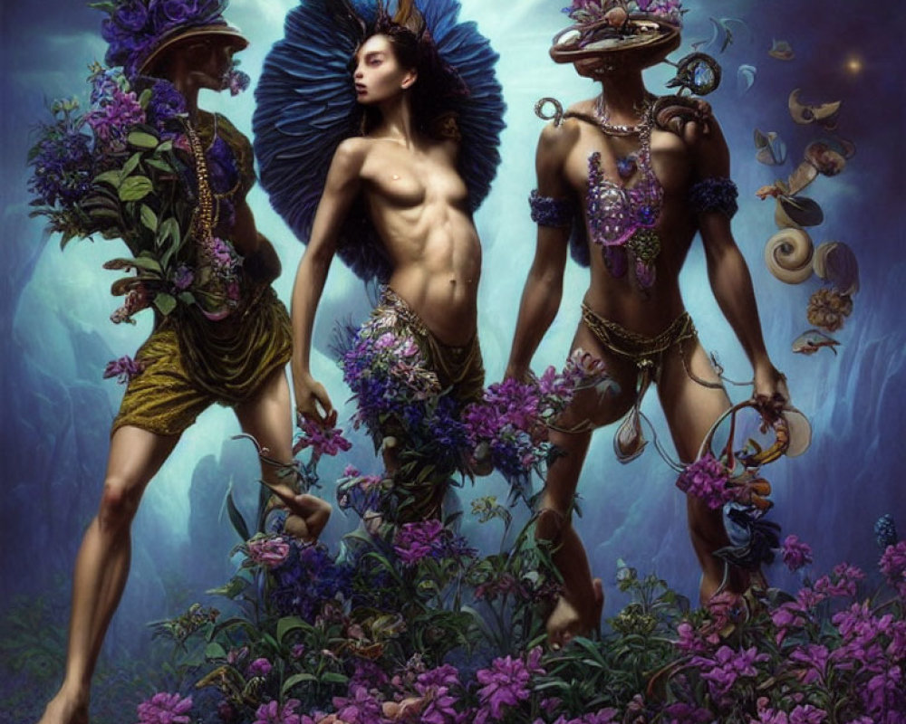 Ethereal beings with elaborate headpieces in vibrant underwater scene