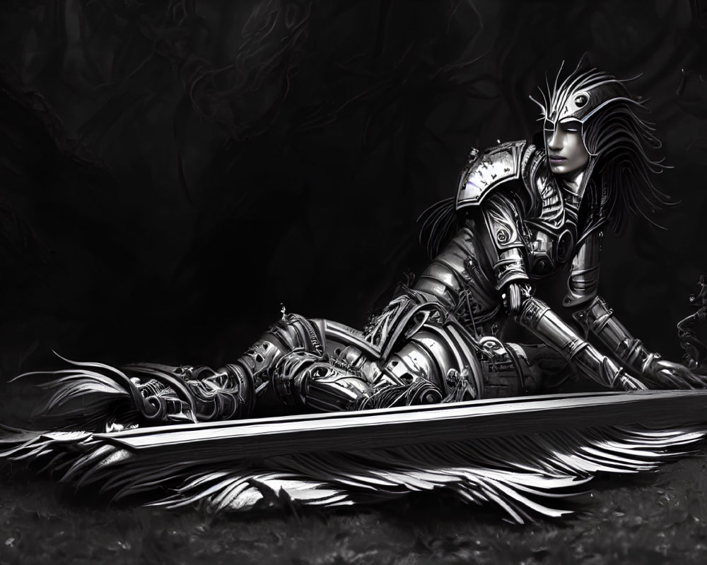 Monochromatic digital artwork of warrior in ornate armor on giant sword in dark mist
