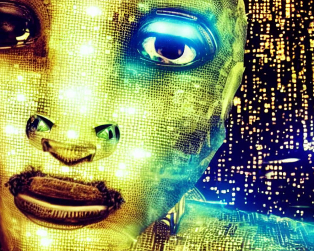 Digital Artwork: Glowing Blue-Eyed Face with Green Binary Code Matrix