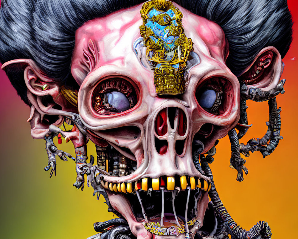 Colorful Skull Artwork with Golden Ornaments on Gradient Background