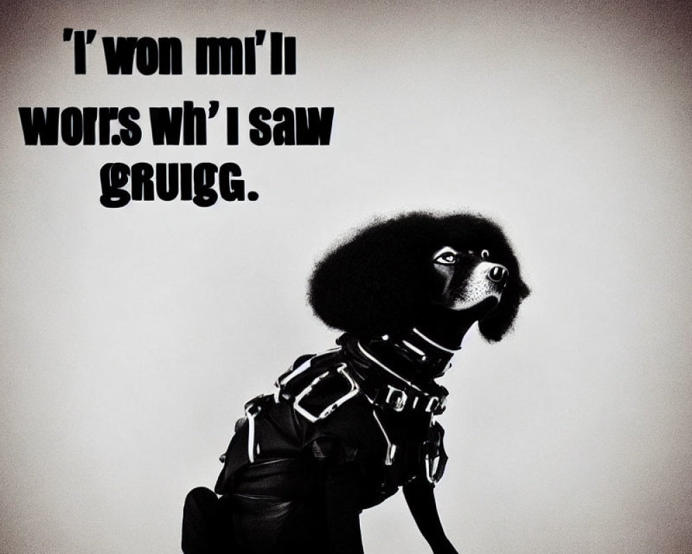 Fluffy dog with afro-like head and leather harness in humorous text overlay.