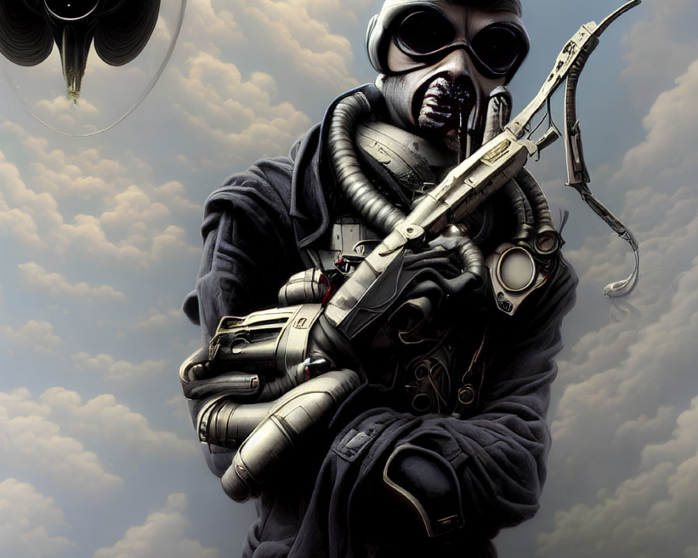 Futuristic soldier with mask, goggles, high-tech rifle, and flying machines in cloudy sky