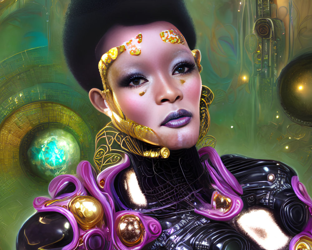 Futuristic woman with afro and golden adornments in black attire against vibrant background