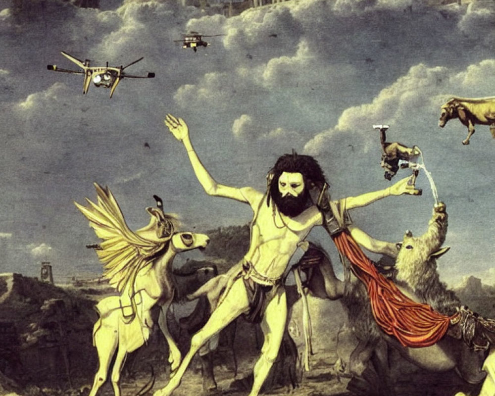 Mythological figure on winged horse battles drones in ancient city scenery