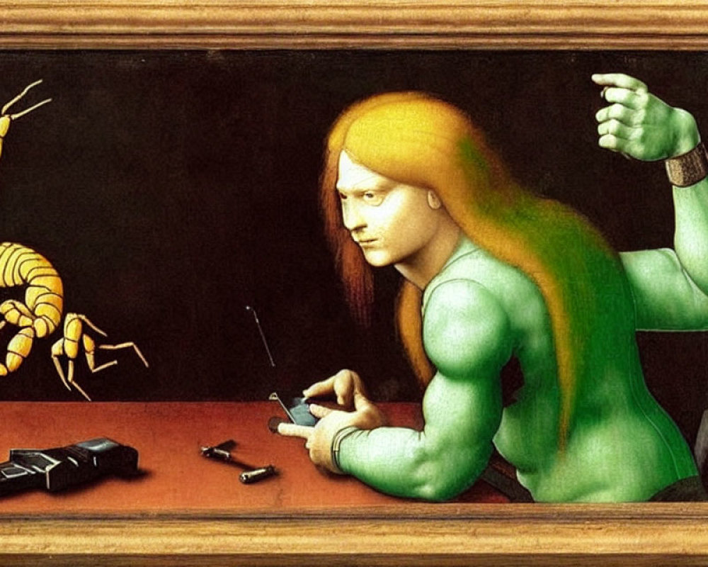 Surreal artwork of green-skinned figure assembling scorpion