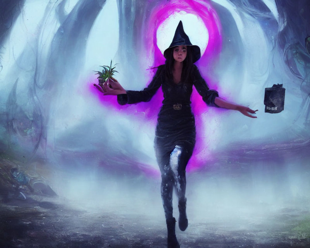 Pointy hat witch with magic book and plant in swirling purple portal