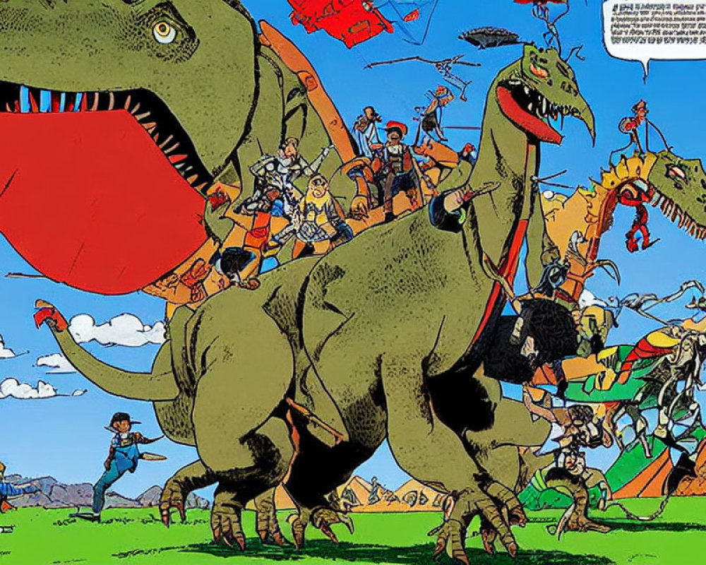 Comic-style illustration of people with large dinosaurs on grassy field