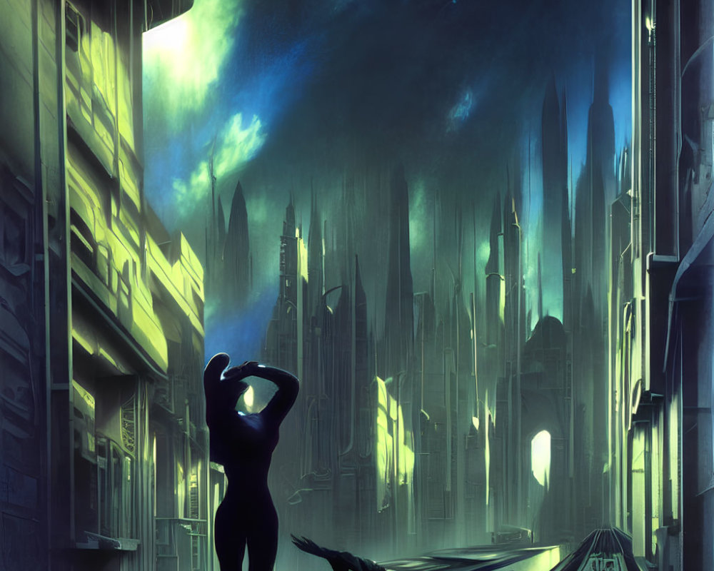 Silhouette of person with cat in futuristic city alley at night