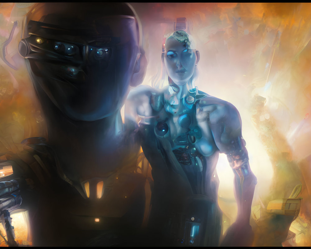 Futuristic androids with glowing eyes in fiery backdrop