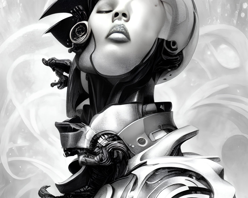 Monochrome digital illustration of futuristic female character with stylized helmet and armor surrounded by swirling light effects