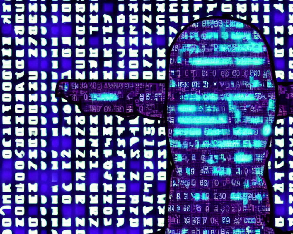 Blue Binary Code Human Silhouette on White Matrix Background