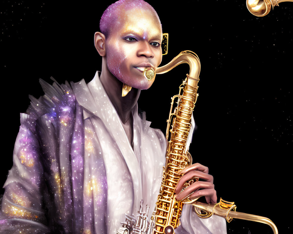 Portrait of Person with Saxophone in Cosmic Theme