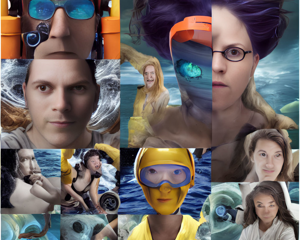 Aquatic-themed collage with swimwear, goggles, and marine life interactions