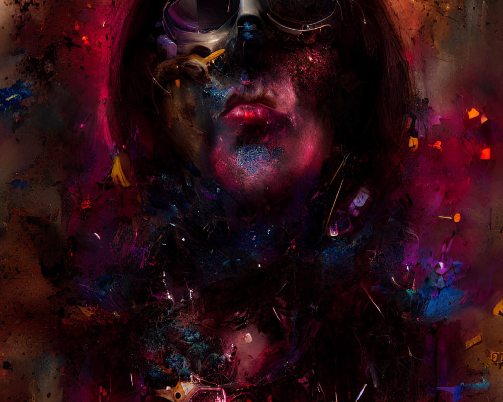 Colorful Abstract Portrait with Layered Faces and Goggles