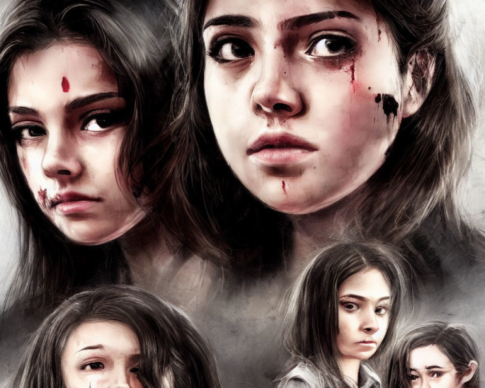 Digital artwork showcasing young girl with distressed expressions and bruises.
