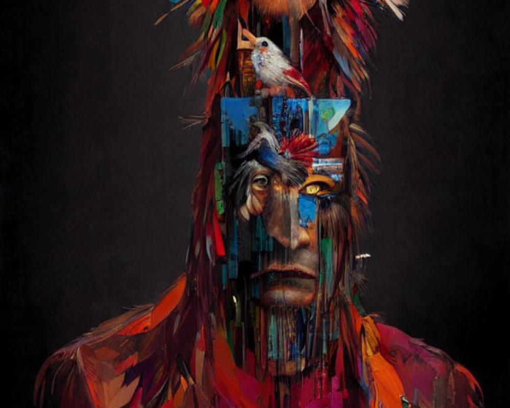 Colorful Feathered Native American Portrait in Fragments