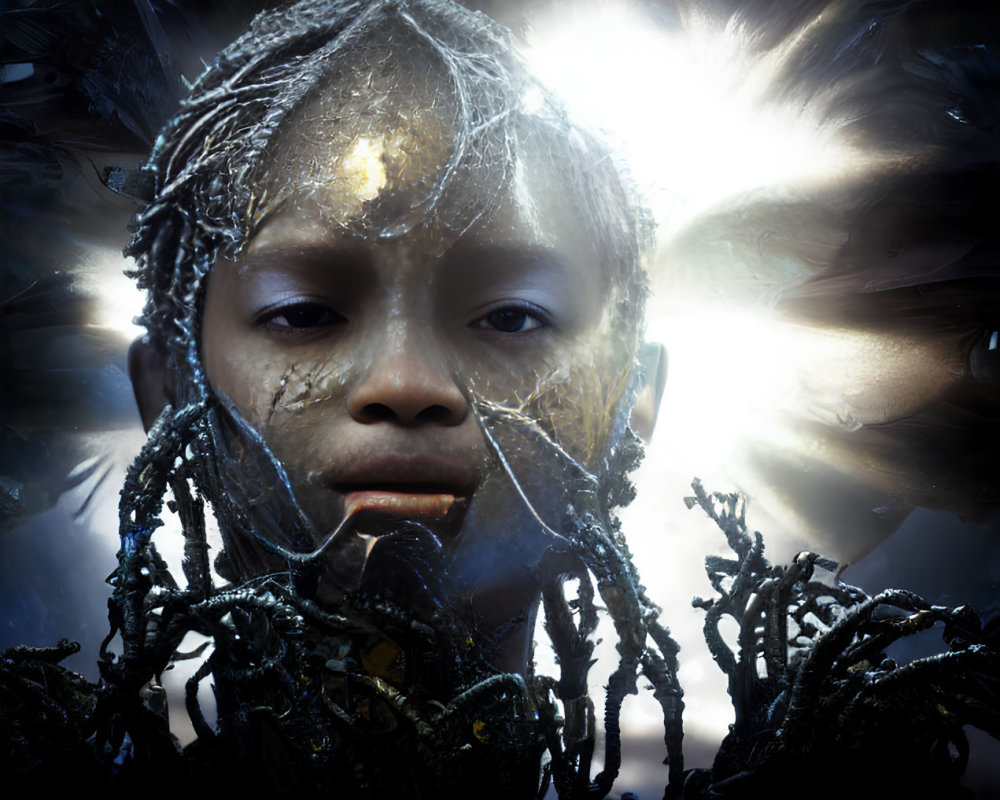 Child with braided hair in mystical setting with dark branches and glowing light