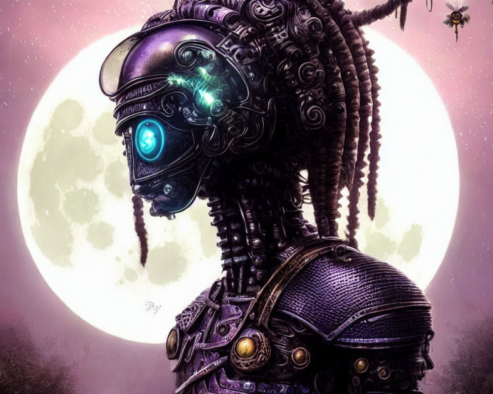 Intricate futuristic robotic head with glowing blue eyes and moon backdrop