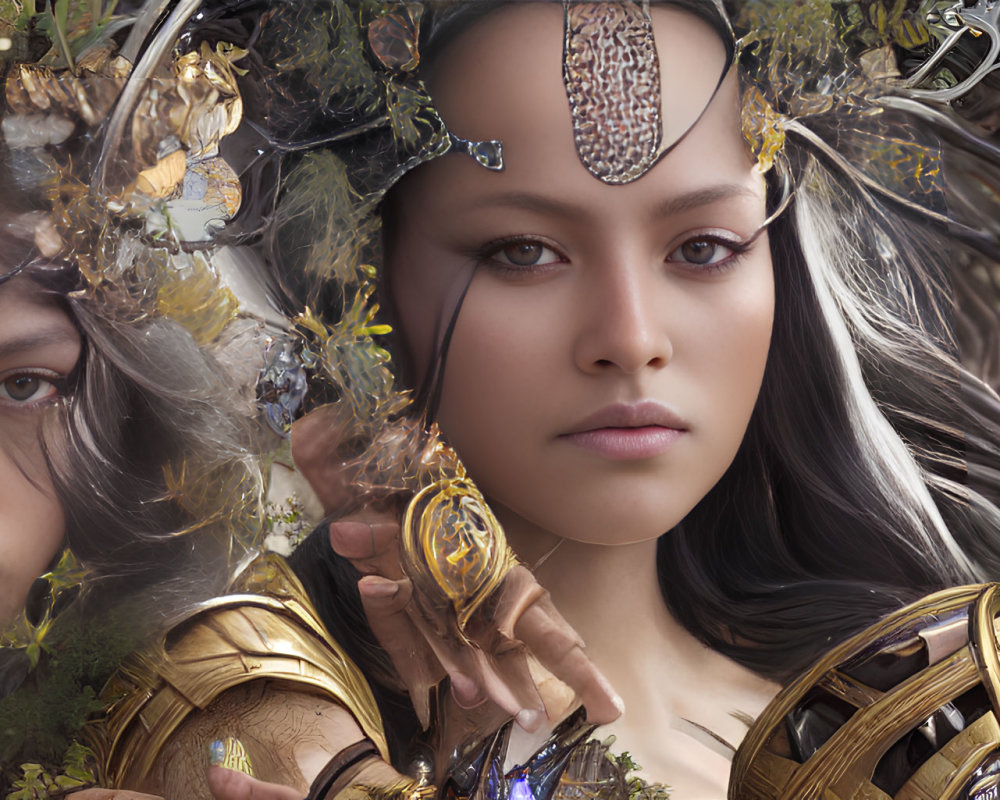 Detailed Digital Artwork: Female Figure in Fantastical Armor and Nature-Inspired Headdress