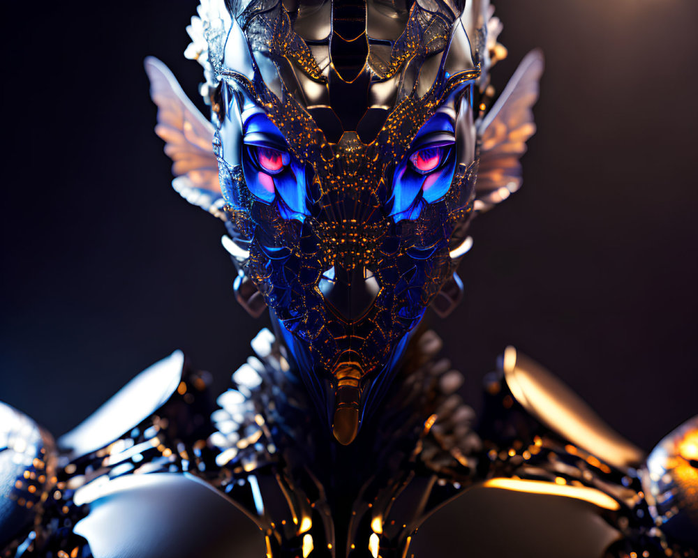 Detailed 3D rendering of futuristic armored humanoid with intricate designs, purple glowing eyes, and decorative head