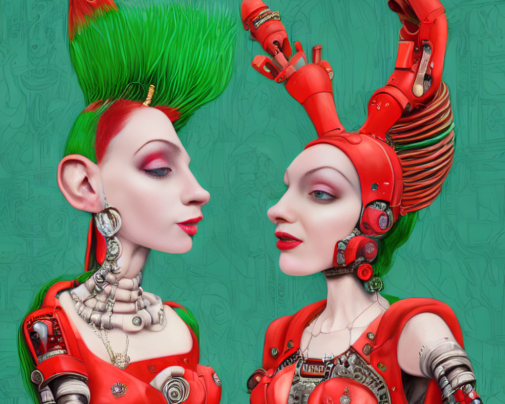 Stylized female figures with mechanical parts and vibrant hair on teal background