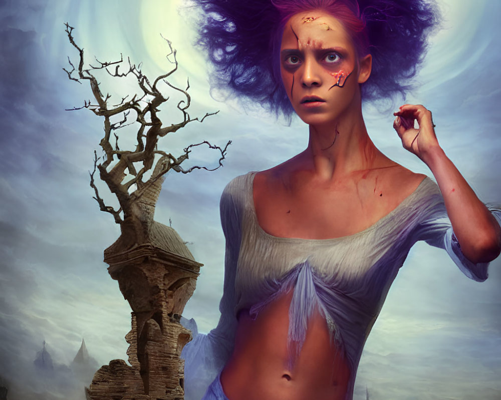 Purple-haired person with marked forehead in surreal portrait next to tree on rock spire in fantastical landscape