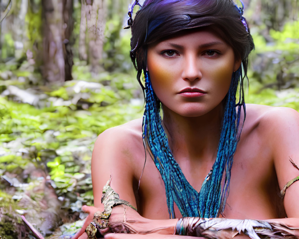 Blue Hair Extensions and Tribal Body Makeup in Lush Forest Setting