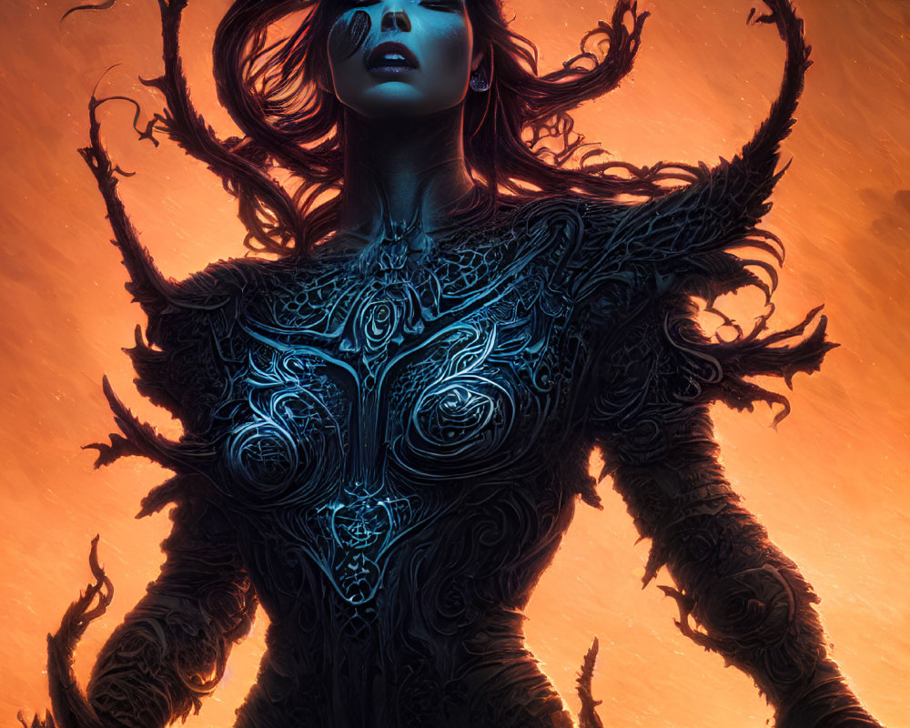 Detailed Digital Artwork of Fantasy Female Figure in Intricate Armor and Swirling Tendrils on