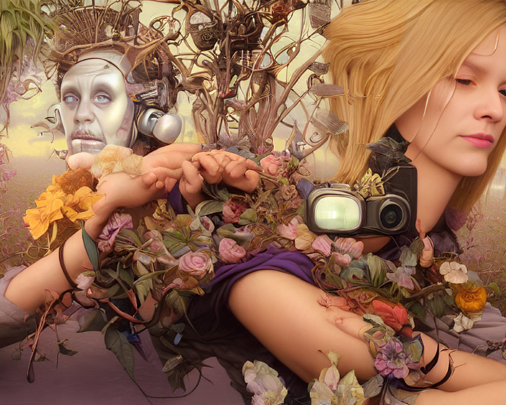 Blond girl in gas mask with surreal face and mechanical elements