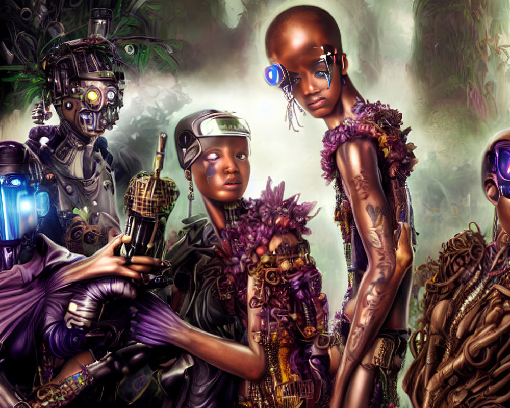 Futuristic cybernetic characters in misty jungle setting