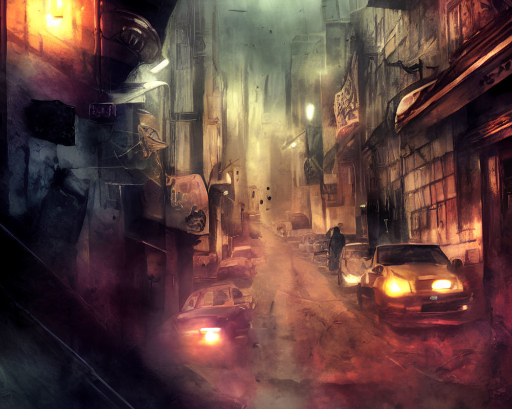 Dystopian alley with fog, glowing headlights, dilapidated buildings