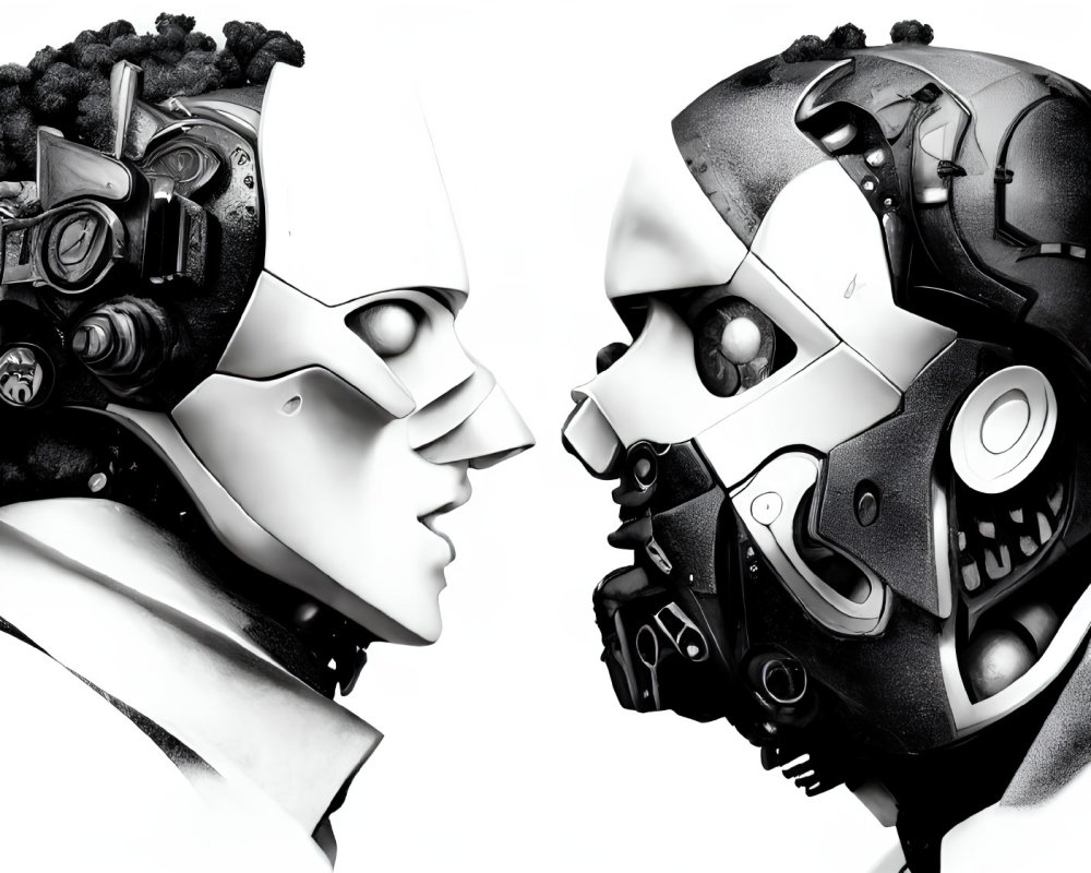 Dual profile portrait merging human and robotic features in monochrome