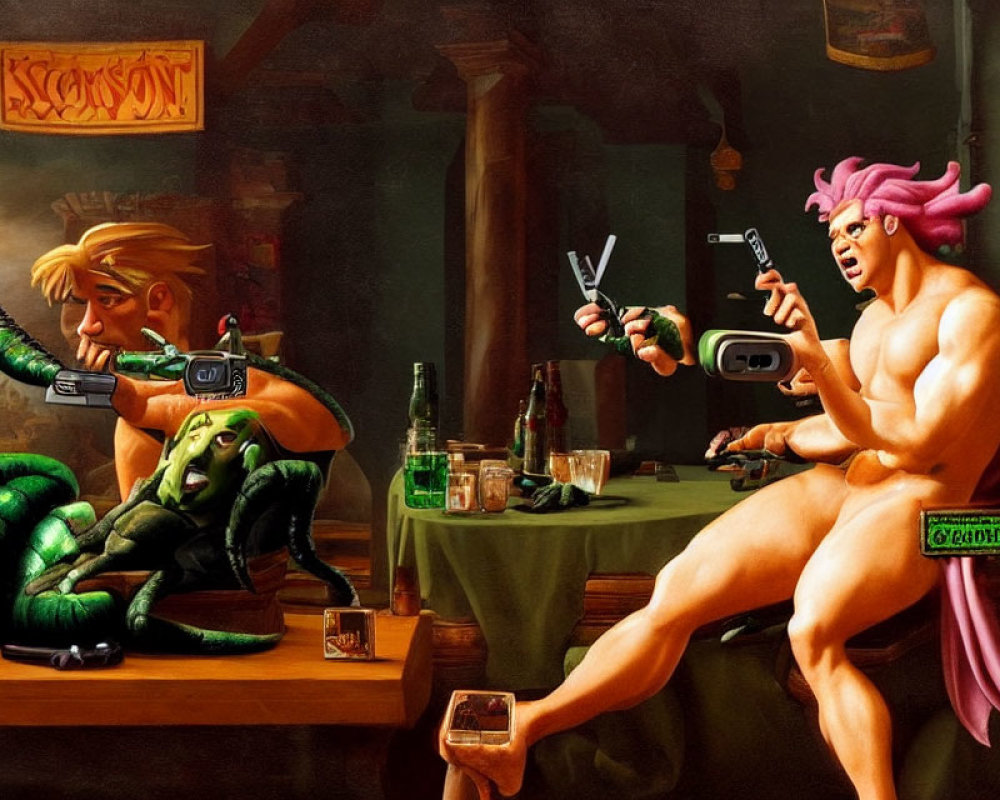 Colorful Illustration: Shirtless Man with Pink Hair & Green Orc Playing Video Game