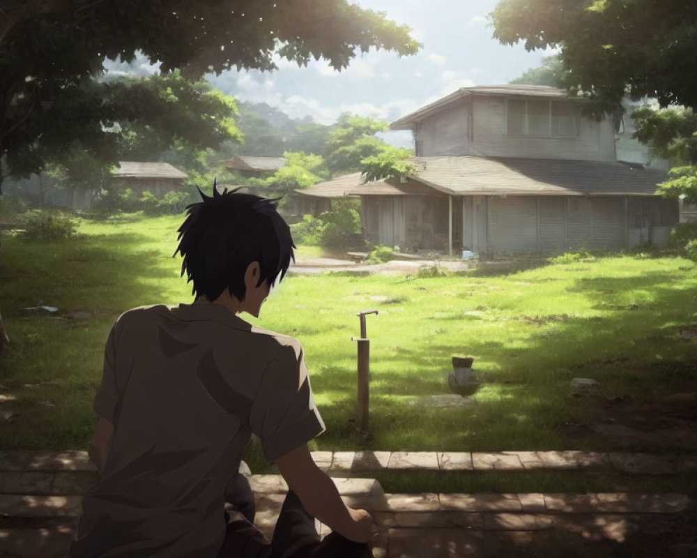 Young person with black hair sitting on curb looking at sunlit, overgrown yard and old house