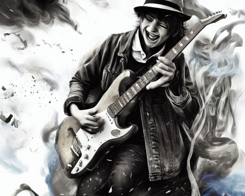 Monochrome painting of a guitarist with swirling strokes depicting musical energy