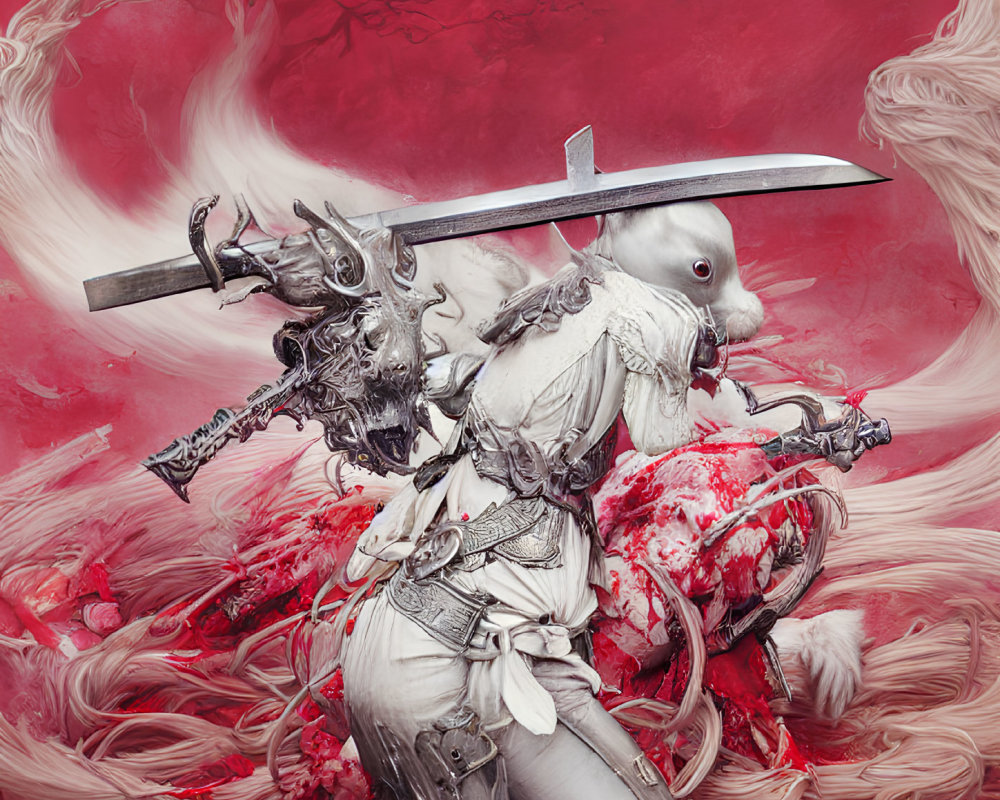 Surreal artwork featuring figure in white armor with hammerhead shark head and sword in red swirls