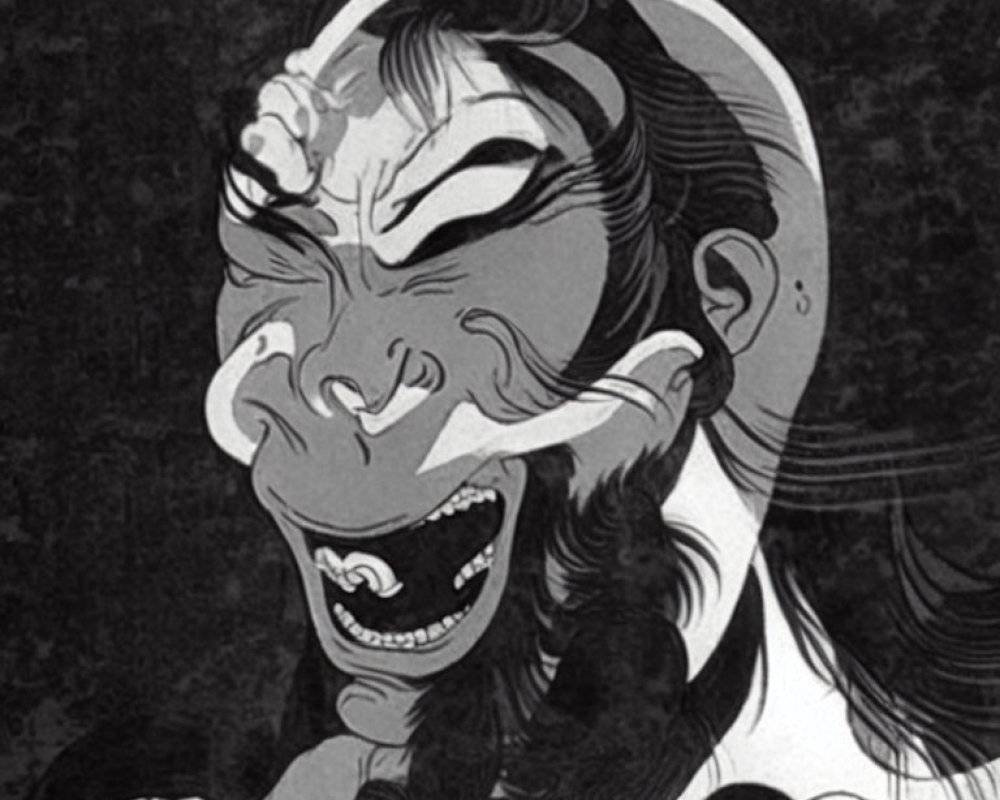 Monochrome Kabuki actor illustration with dramatic facial expressions