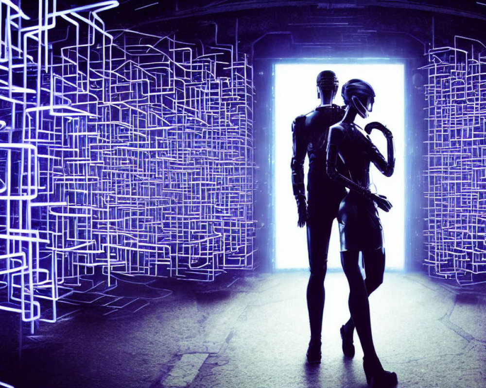 Silhouetted humanoid figure in futuristic corridor with glowing blue patterns