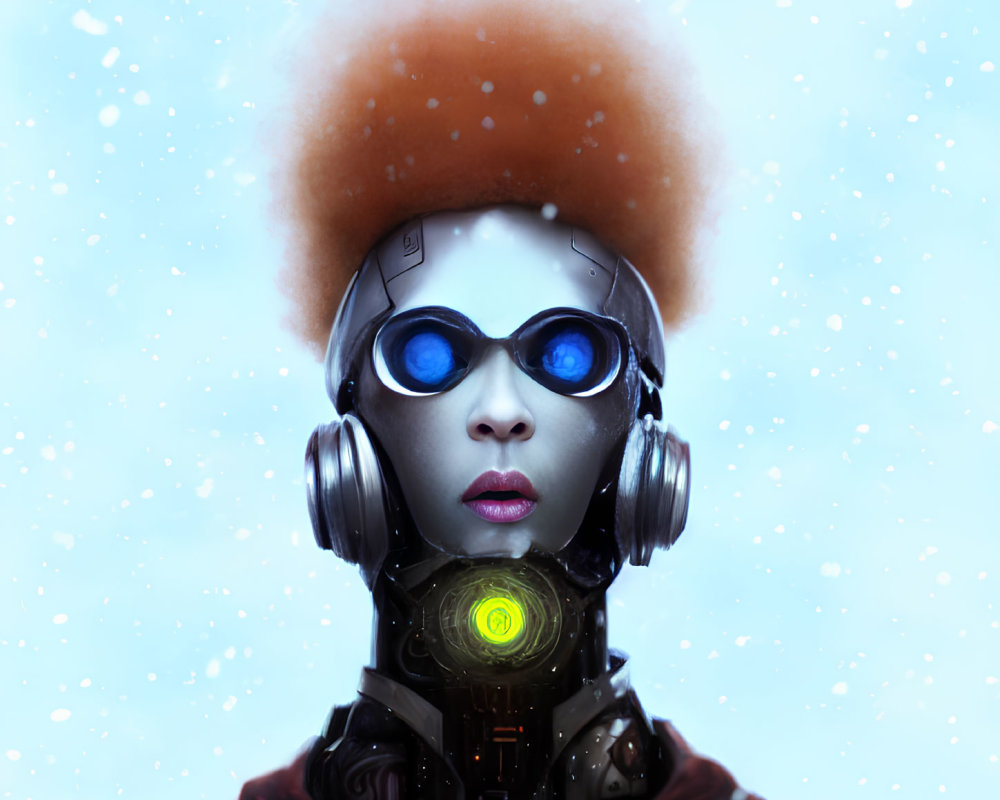 Woman in Afro with Futuristic Goggles and Sci-Fi Armor in Snowy Scene
