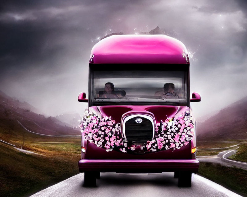 Pink bus with floral design drives on winding road amidst mountainous landscape