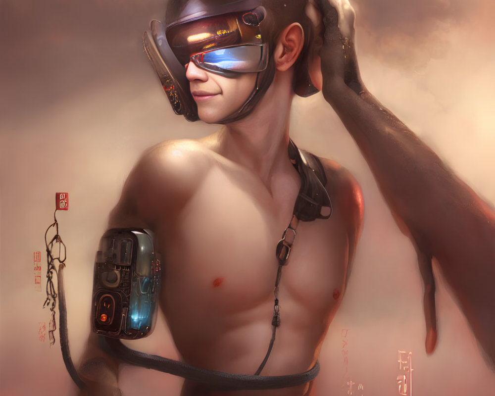 Shirtless person in futuristic helmet with headset and gadget pose thoughtful