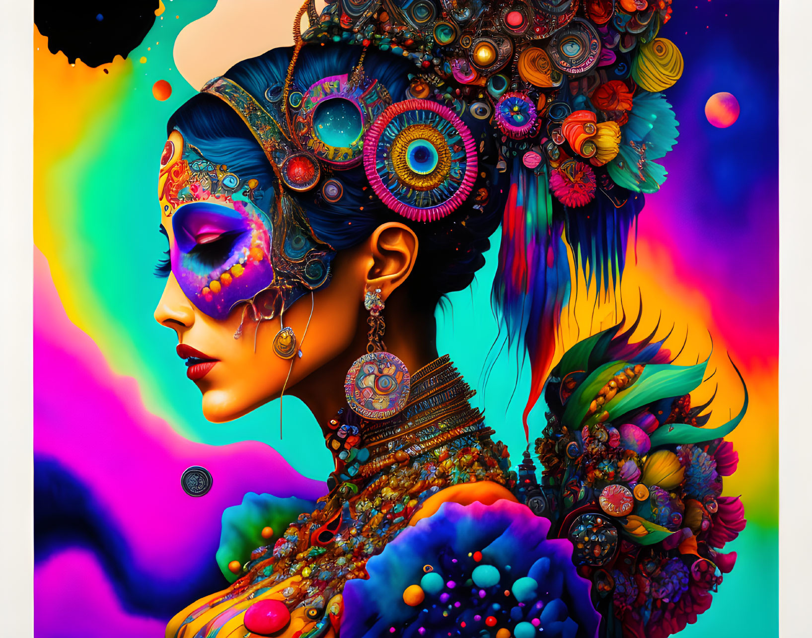 Colorful digital art: Woman with intricate headgear on vibrant backdrop