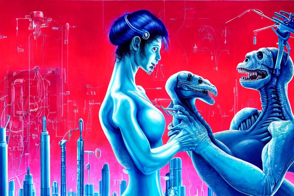 Blue-skinned woman confronts robotic dinosaur in futuristic cityscape
