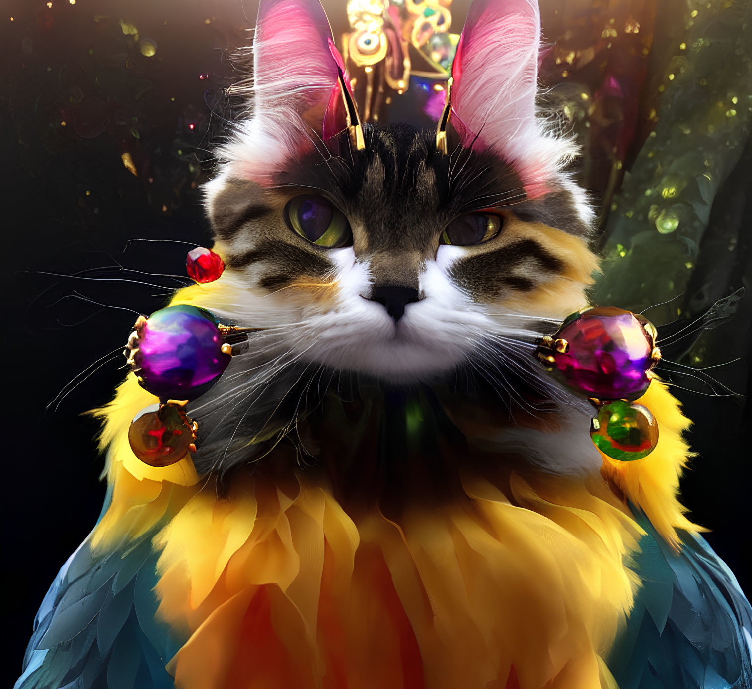 Green-eyed cat adorned with colorful feathers and jewels on dark mystical background