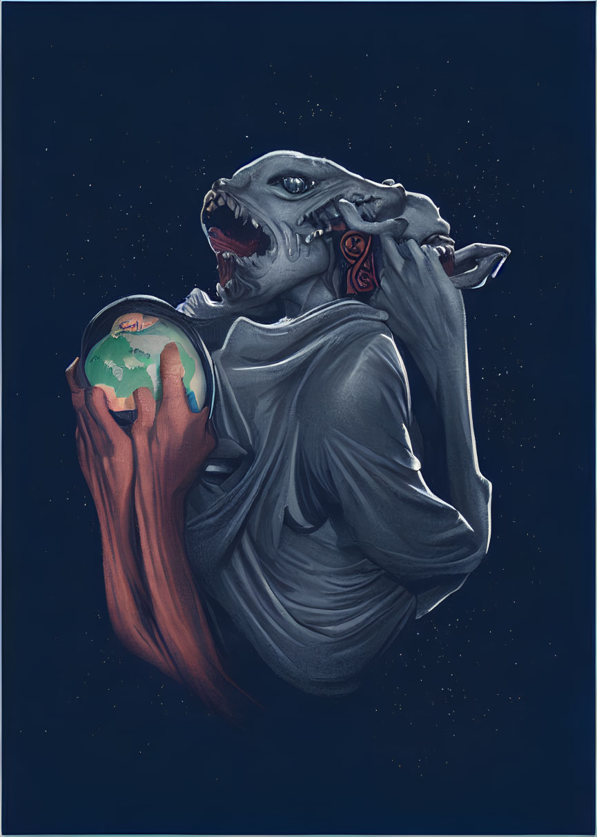 Monstrous creature holding Earth in starry night sky