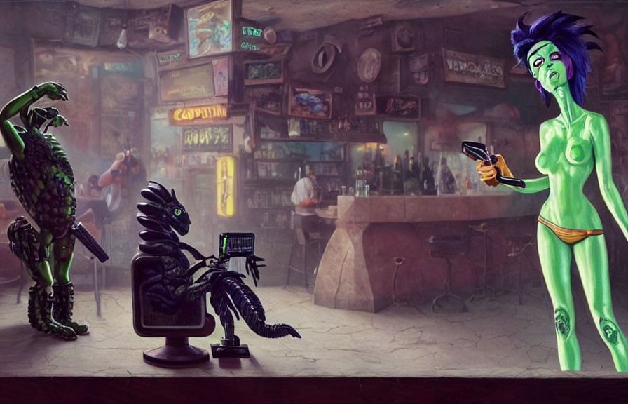 Vibrant futuristic alien bar scene with eclectic decor and alien bartender serving a drink to seated armored creature