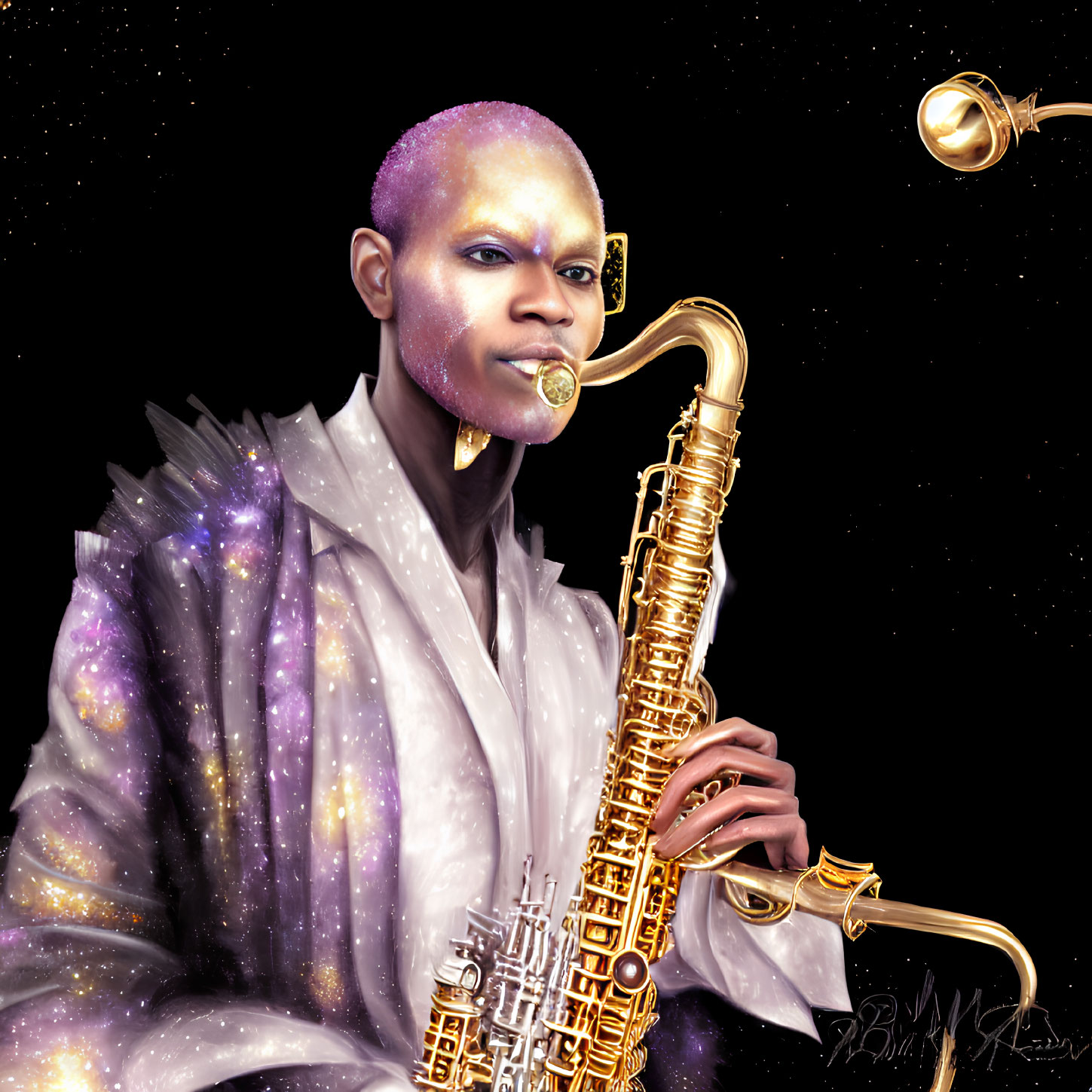 Portrait of Person with Saxophone in Cosmic Theme